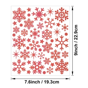 Detailed size chart for red glitter snowflake and star stickers showing 19.3cm x 22.9cm dimensions