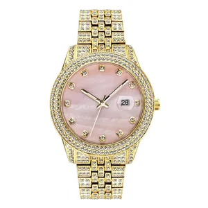 Luxury Iced Out Men Quartz Watch Rhinestone Alloy Calendar Luminous Hip Hop Style Fashion Dress Wristwatch