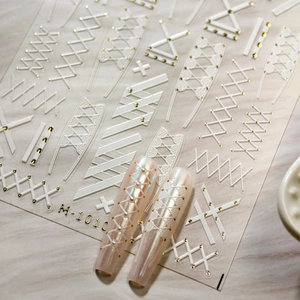 Minimalist 3D white and gold embossed nail art stickers M-1010 with geometric patterns