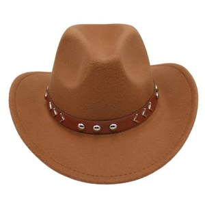 Detail of brown wool felt cowboy hat with leather band and metallic rivet studs