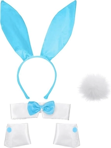 Blue and white satin bunny costume set with ears, bow tie, tail, and cuffs for cosplay