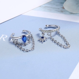 Boucles d'oreilles à double chaîne en argent avec pierre goutte bleue et zircon