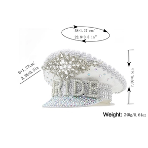 Elegant white bride captain hat with sparkling rhinestones, sequins and pearl beads