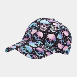 Detail of baseball cap showing pink and blue gradient skull patterns and stitching