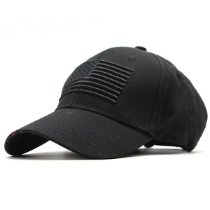 Black cotton baseball cap with embroidered American flag in tactical military style