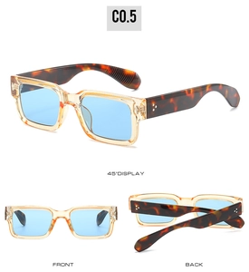 Three-angle view of amber rectangle sunglasses with light blue lenses and rivet details
