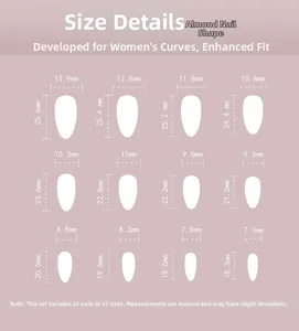 Size chart for almond-shaped press-on nails showing 12 different sizes and dimensions