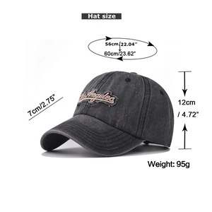 Detail view of washed gray baseball cap showing Los Angeles embroidery and size dimensions