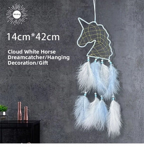 Detailed size view of the 14x42cm unicorn dreamcatcher with soft blue feathers