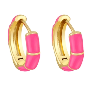 Detail of gold hoop earrings with vibrant pink enamel inlay on white background
