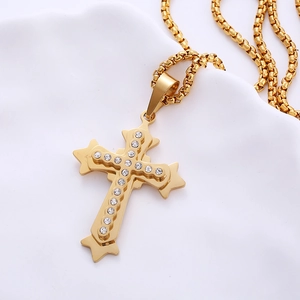 Gold triple-layered stainless steel cross pendant necklace with sparkling cubic zirconia