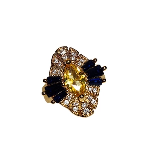 French vintage 18K gold plated ring with yellow marquise zircon and blue baguette stones