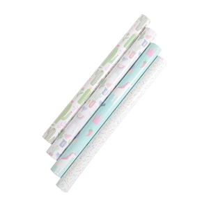 Set of 4 wrapping paper rolls featuring cute unicorn, llama, and cactus cartoon patterns