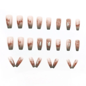 Long ballet press-on nails with marble gradient design and silver metallic wire accents