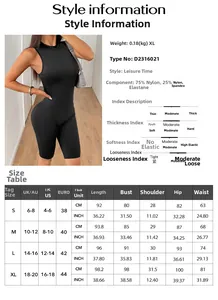Tabella taglie e dettagli tessuto per tuta sportiva da yoga in nylon ed elastan