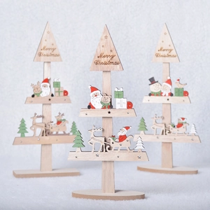 Wooden Christmas Tree Desktop Ornament Assembly Painted Santa Claus Reindeer Snowman Holiday Table Decoration