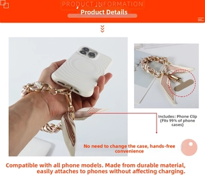 Detail of silk scarf phone wrist strap with metal chain and universal patch connector