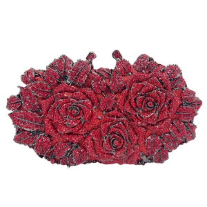 Close-up of luxury red rose evening bag featuring detailed 3D crystal floral pattern
