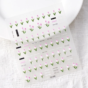 Stickers ongles 5D tulipes roses avec motifs floraux imperméables pour manucure tendance 2024