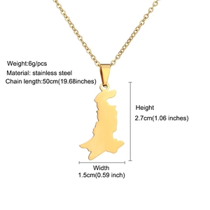 Technical specs of golden stainless steel Pakistan map pendant necklace with chain dimensions