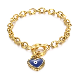 Goldenes Gliederkette Armband mit blauem Herz-Auge-Anhänger und klassischem OT-Verschluss