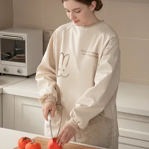 Waterproof long sleeve apron with rabbit print and absorbent pockets for kitchen use