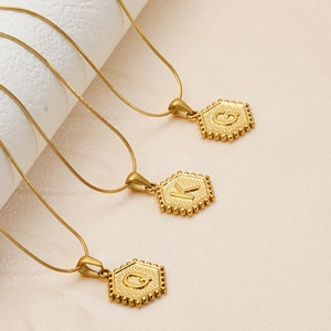 Hexagon Initial Letter Pendant Necklace 18K Gold Plated Stainless Steel Snake Chain Jewelry For Women