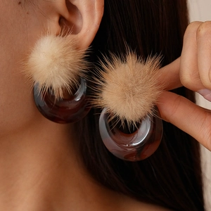 Vintage Resin Tortoiseshell Round Hoop Drop Earrings With Fur Ball And 925 Sterling Silver Earring Post Retro For Women