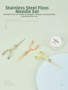 Macro detail of stainless steel floss tools and mint floss box on light green background
