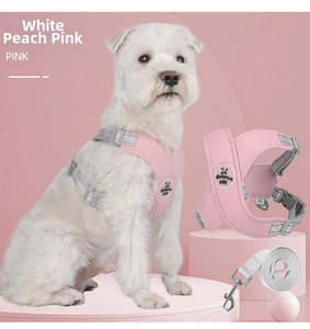 Detail of Peach Pink reflective mesh dog harness and leash set in breathable fabric