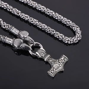 Polished silver Viking Mjolnir pendant featuring intricate Celtic knot patterns and beast heads