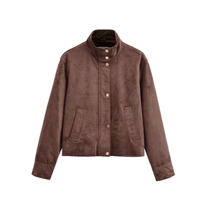 Women's dark brown faux suede short jacket with standing collar and button closure