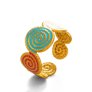 Spiral stainless steel ring with colorful enamel inlay in gold finish on white backdrop