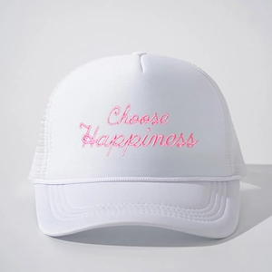 White mesh trucker cap with pink embroidered Choose Happiness text for casual wear
