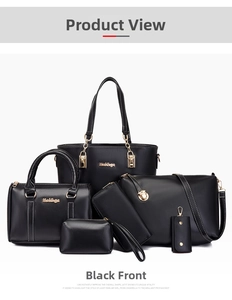 Front view of a 6-piece black leather handbag set with tote, crossbody, and wallet