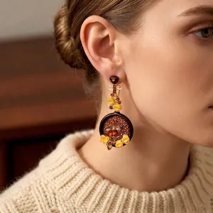 Vintage gold-plated drop earrings with amber enamel roses and bee resin charms