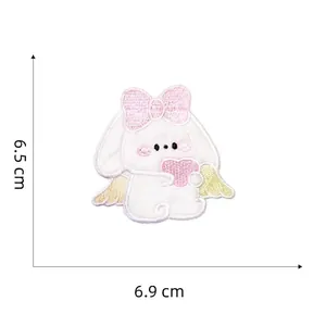 Detailed view of cute plush rabbit embroidery patch with wings and 6.9x6.5cm dimensions