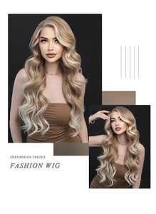 Detail view of blonde long wavy synthetic wig showing side part style and hair texture