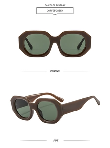 Front and side view of coffee polygon sunglasses with dark green lenses on white background