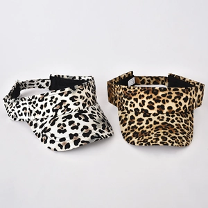 Set of two leopard print open top sun visors in light and tan colors for outdoor sports