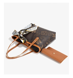 Brown large PU leather tote bag set with small pouch and decorative silk scarf detail