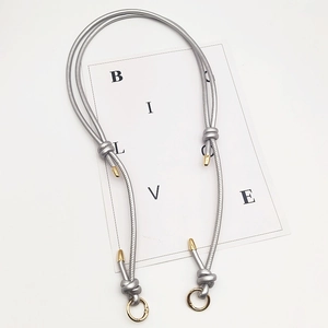 Detail of silver leather bag strap featuring gold metal tips and round spring buckles