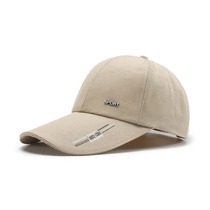 Minimalist beige cotton baseball cap with sport metal plaque and fashion typography