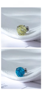 Detail view of multi-faceted zircon earrings with four-prong settings in silver mounts