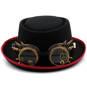 Steampunk top hat in black felt with vintage bronze goggles and decorative gears