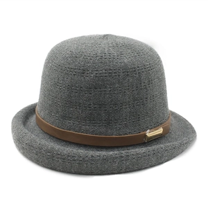 Chic grey knit bowler hat with a brown leather decorative band and golden metal buckle