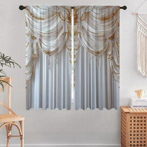 Detailed view of luxurious curtains featuring golden floral embroidery and classic draping effect