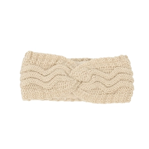 Close-up of beige cable knit headband with warm fleece lining and twisted detail