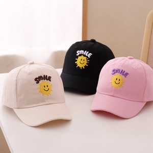 Set of 3 kids baseball caps in beige black pink with sun and smile face embroidery