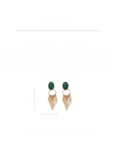 Detail view of vintage gold tassel earrings with green oval resin and silver needles